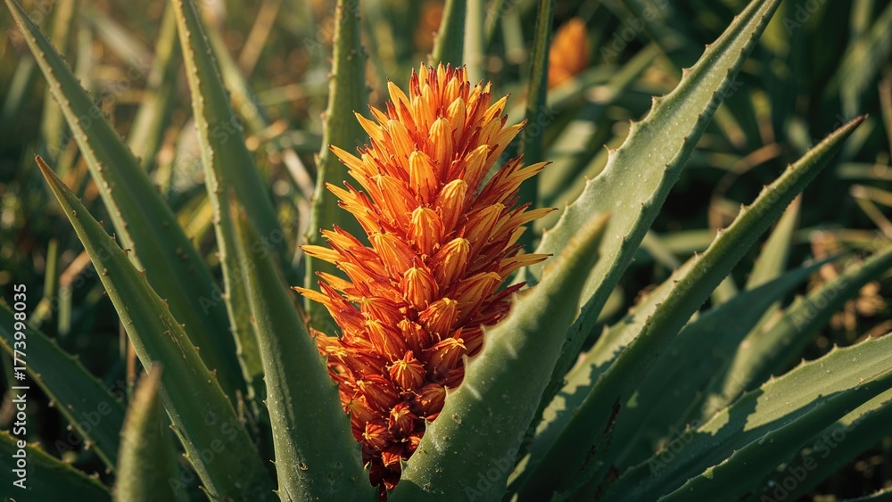 Naklejka premium Aloe Vera plant with a vibrant orange flower spike amidst green leaves.