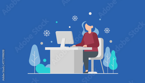Professional woman working remotely at PC desk in a stylized winter illustration