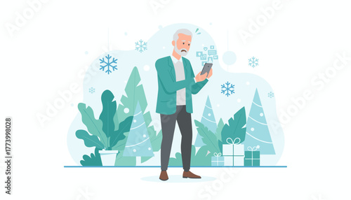 Worried senior man using a smartphone receives notifications in a festive snowy holiday scene