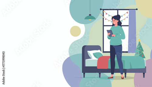 Illustration of stressed woman using digital tablet during holiday season