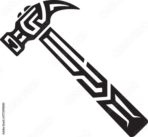 Stylized Hammer Graphic with Bold Geometric Tribal Inspired Desi