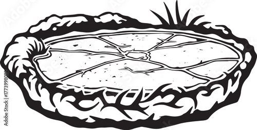 Monochrome artistic illustration of a frozen pond with cracked i