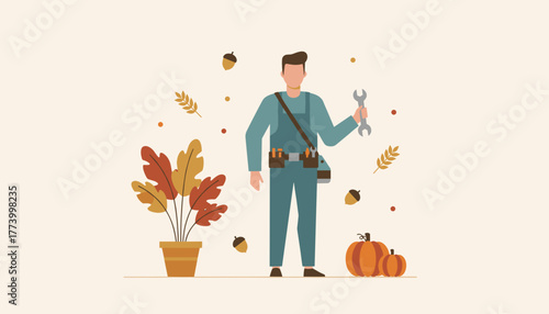 Maintenance worker with wrench and tool belt standing amidst autumn plants and pumpkins