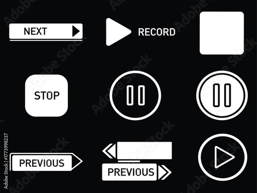Media control icon set, black-and-white playback buttons for audio and video interfaces, vector design for digital dashboards and apps