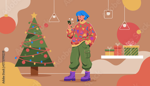 Trendy woman checking social media near a decorated Christmas tree and gifts