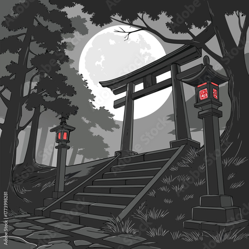 Japanese Shinto Torii Gate in Forest at Night with Full Moon - Monochrome Vector