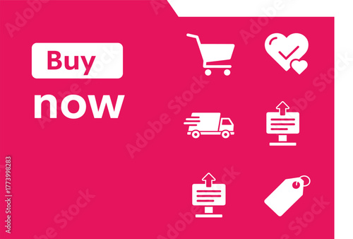Promotional e-commerce icon set with “Buy now” text and shopping, delivery, upload, and wishlist symbols on pink background