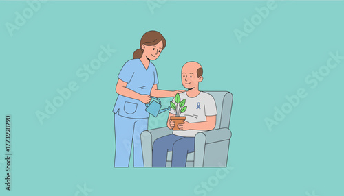 Caring nurse aids patient purple ribbon with growth symbolizing longterm health and support