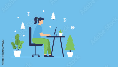 Woman using laptop for remote work in a cozy winter or holiday home office setting
