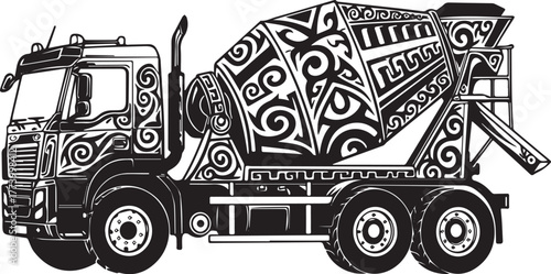 Stylized Cement Mixer Truck Illustration with Tribal Tattoo Moti