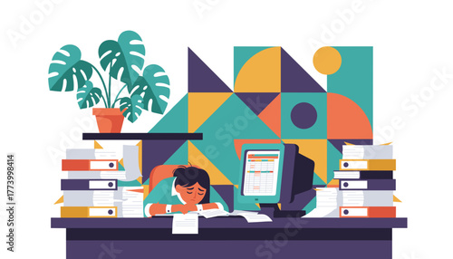 Exhausted worker suffers burnout sleeping on desk overwhelmed by paperwork and excessive workload
