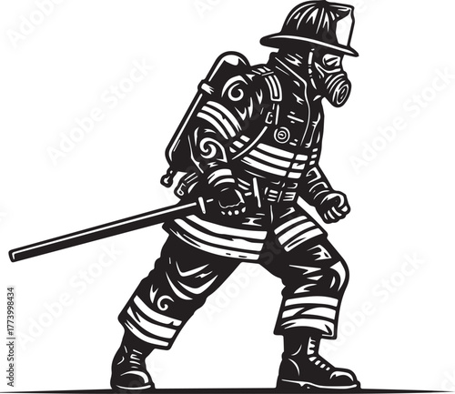 Silhouette of a courageous firefighter in protective gear ready