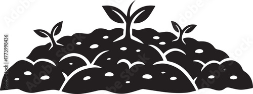 Monochrome depiction of sprouts emerging from fertile soil compo