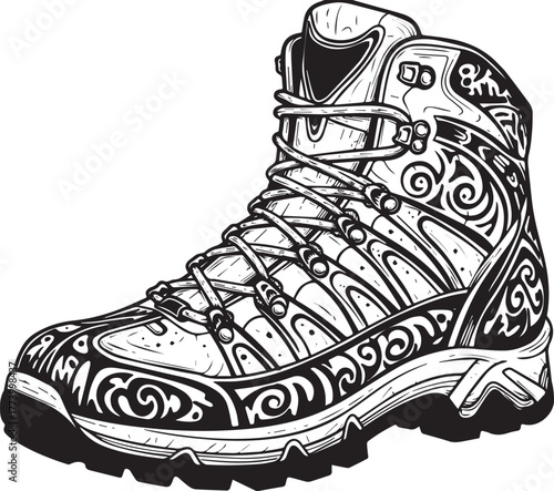 Detailed line art illustration of sturdy hiking boot with intric