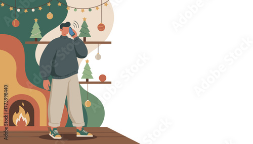Man talking on phone by festive fireplace cozy Christmas interior illustration with communication theme and copy space