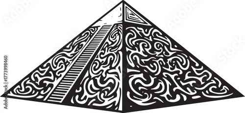 Stylized Pyramid Illustration with Intricate Tribal Tattoo Inspi