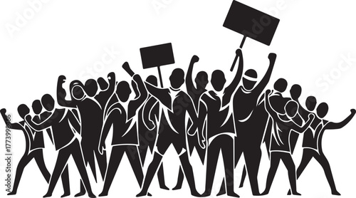 Silhouette vector depicting group of protesters with signs and r