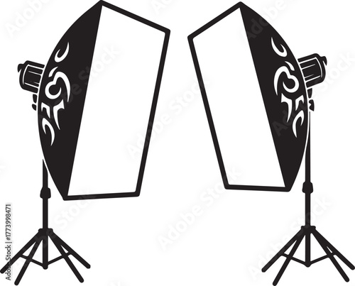 Twin stylized studio lighting setups with tribal ornamentation d
