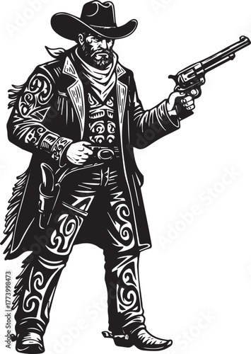 Monochrome illustration of old west cowboy with ornamental tatto