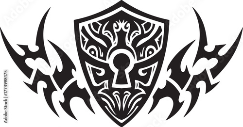 Abstract shield icon with tribal tattoo elements for secure acce