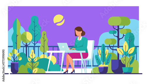 Professional woman working on laptop in a lush outdoor garden or terrace Remote work concept