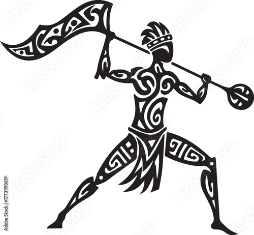 Stylized Tribal Warrior Illustration with Flag and Mace in Black