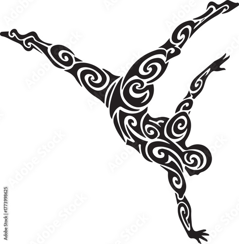Dynamic acrobat silhouette with intricate tribal tattoo style de