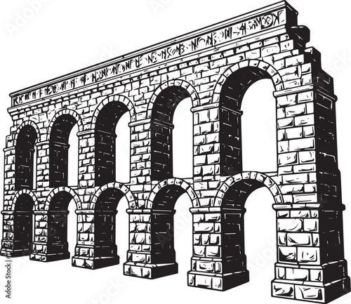 Monochrome Illustration of a Classic Stone Aqueduct Architectura