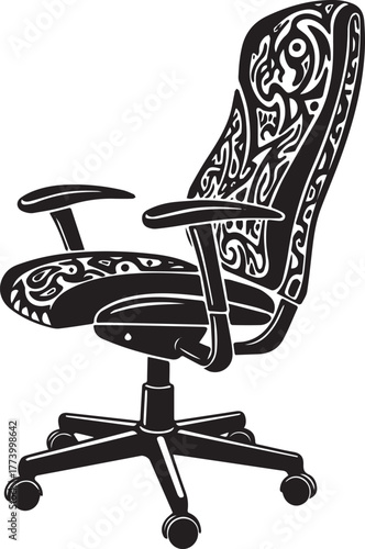 Ergonomic adjustable office chair adorned with tribal tattoo-ins
