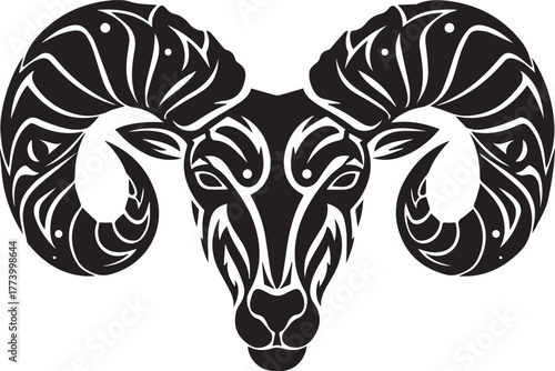 Abstract illustration of stylized ram head in black and white co