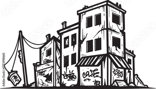 Distressed Urban Landscape: A Black and White Line Art Depiction