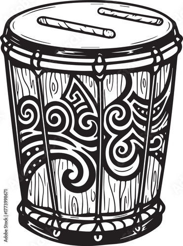 Intricate linework illustration of a hand-carved tribal drum wit