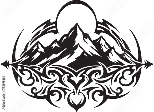 Abstract mountain range artwork with tribal tattoo patterns and