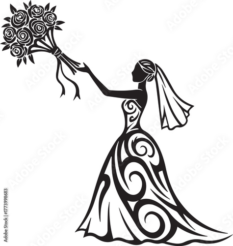 Elegant bride silhouette tossing bouquet with flowing tribal dre