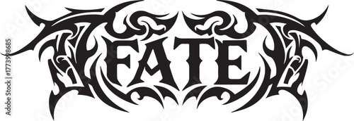 Ornate fate lettering with tribal design elements for brand iden