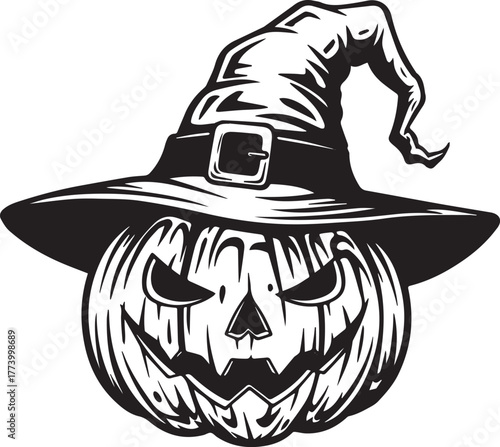 Intricate monochrome illustration of a Halloween pumpkin with wi
