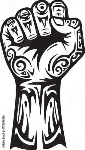 Bold Graphic Fist Illustration with Tribal Tattoo Designs for Em