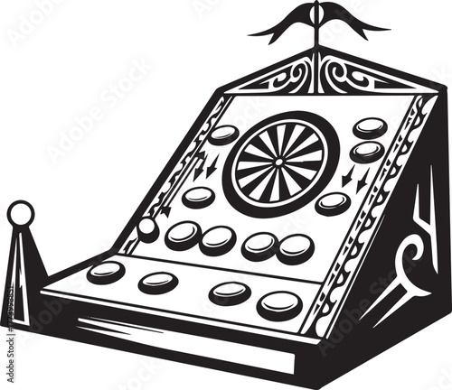 Monochrome Illustration of a Vintage Fairground Game Machine wit