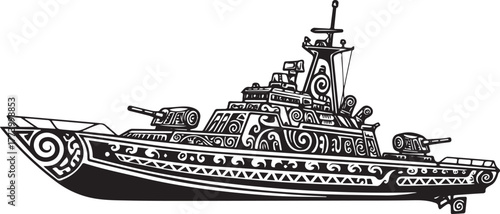 Ornate combat boat vector illustration with tribal inspired desi