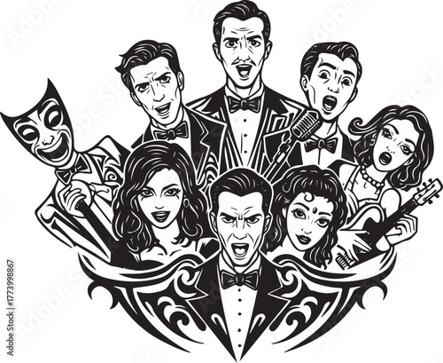 Black and White Illustrative Ensemble Cast in a Theatrical Music