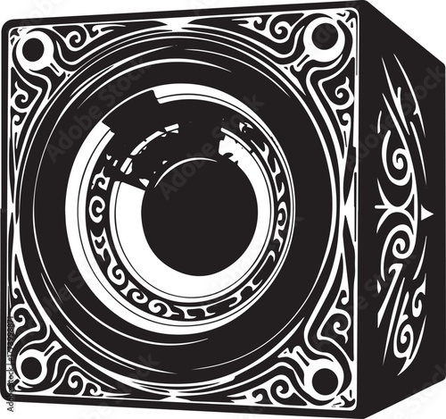 Stylized loudspeaker illustration with intricate tribal tattoo d
