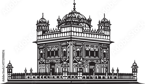 Detailed monochrome illustration of Golden Temple, Amritsar, Pun
