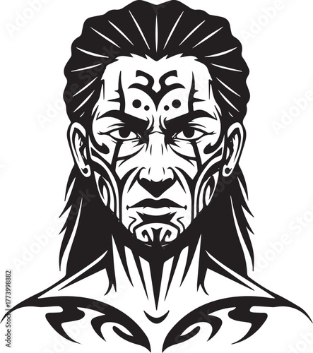 Monochromatic Portrait of a Tribal Figure with Intricate Facial
