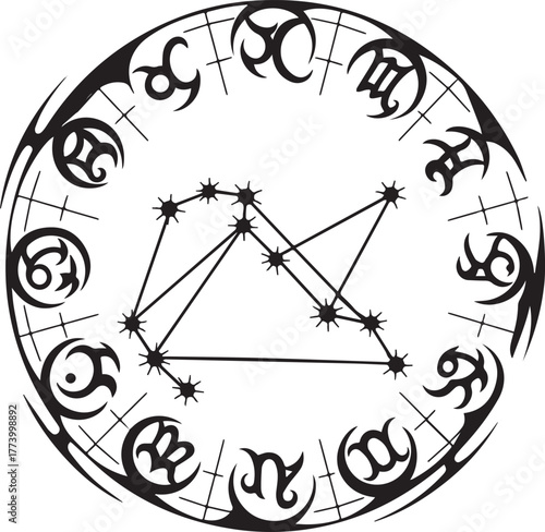 Mystical Zodiac Wheel with Constellation, Tribal Tattoo Inspired