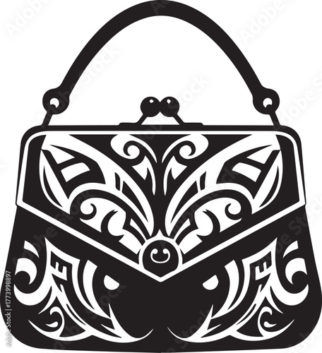Stylized fashion purse icon with abstract tribal tattoo design e