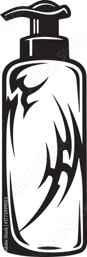 Stylized cleanser bottle with tribal tattoo pattern, graphic ill