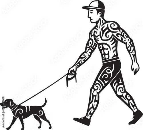 Stylized Dog Walker Icon with Tribal Tattoo Motifs Illustration
