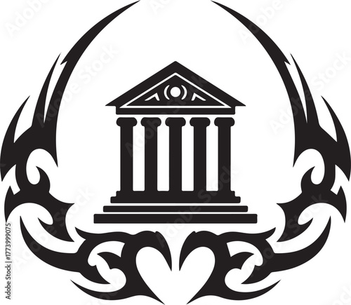 Intricate tribal art surrounding a classical architectural struc