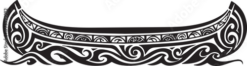 Intricate monochrome stylized illustration of a tribal canoe in