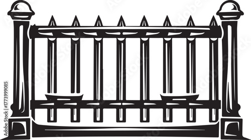 Detailed monochrome illustration depicts decorative fence in cla